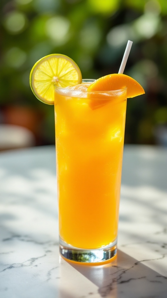 A refreshing tropical mango lime mocktail in a tall glass with citrus slices.