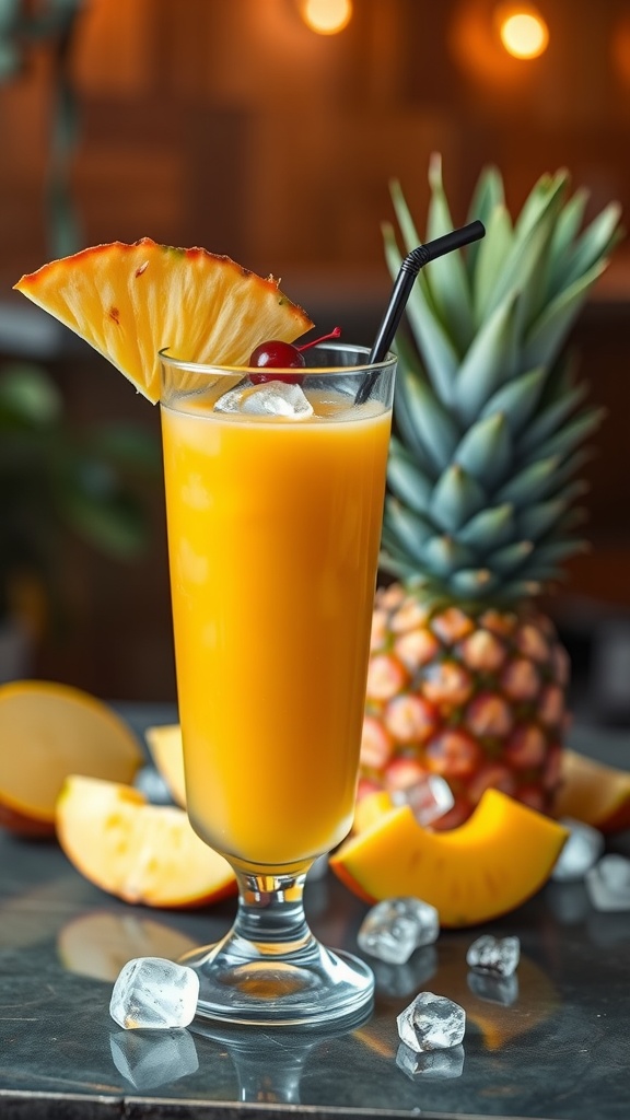 A refreshing tropical mango mocktail with a pineapple slice and cherry garnish.