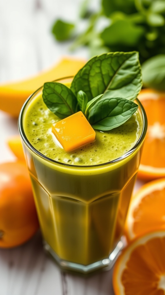 A glass of tropical mango spinach energy juice garnished with mint leaves.