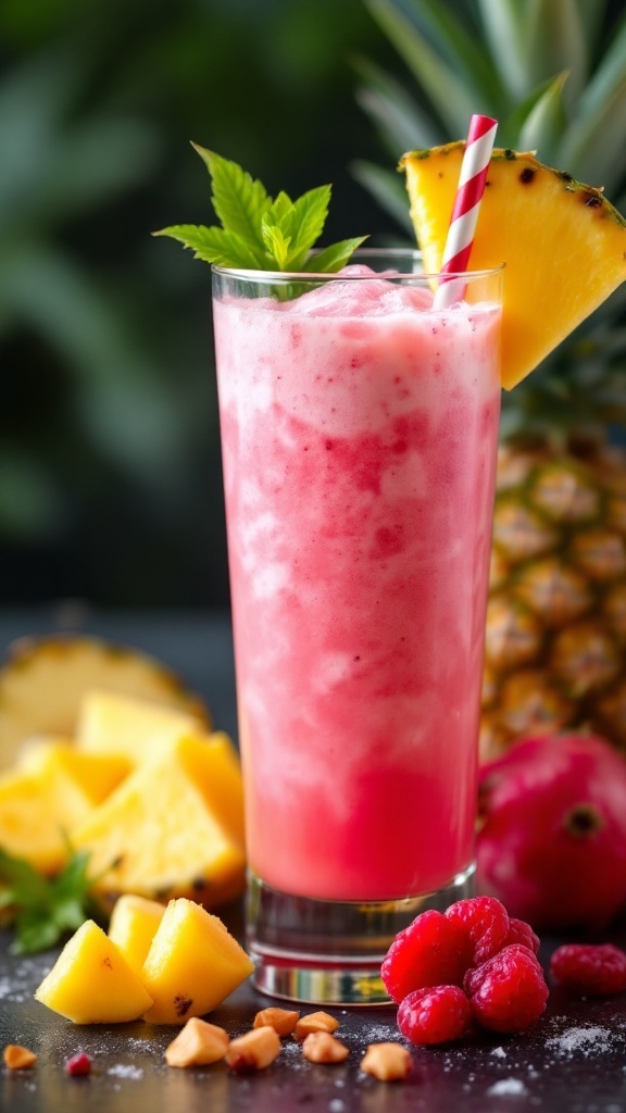 A vibrant Tropical Pineapple Cooler Mocktail served in a tall glass with a pineapple slice and raspberries.