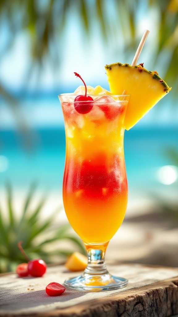 A colorful tropical sunrise mocktail garnished with pineapple and a cherry