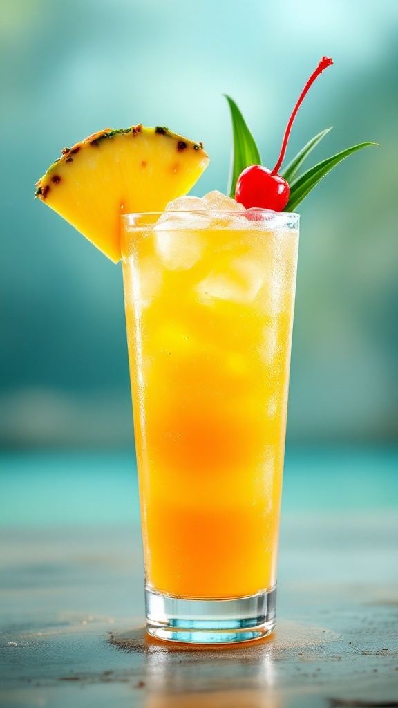 A refreshing Tropical Sunset Mocktail with pineapple and cherry garnish.