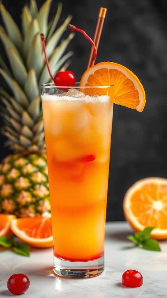 A colorful Tropical Sunset Mocktail garnished with cherries and an orange slice.