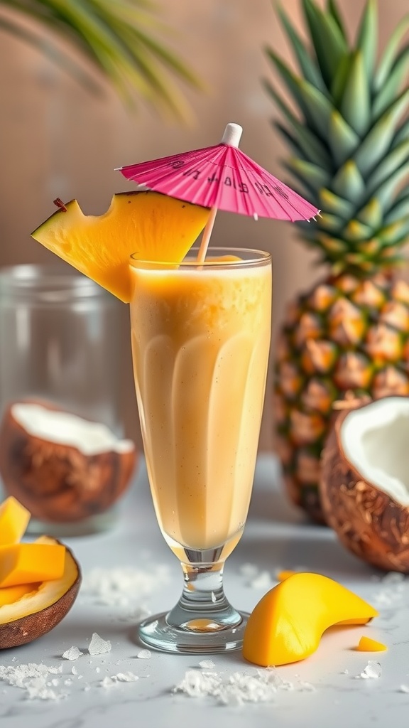 A refreshing Tropical Sweet Breeze Mocktail with a pink umbrella and tropical fruits.