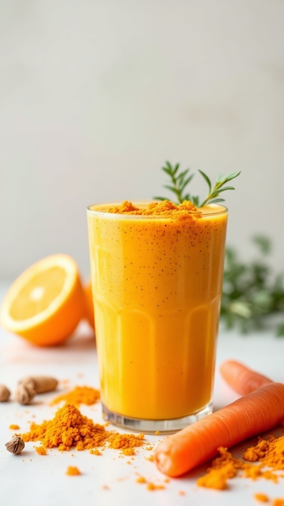 A glass of turmeric-carrot-orange juice garnished with spices and fresh ingredients.