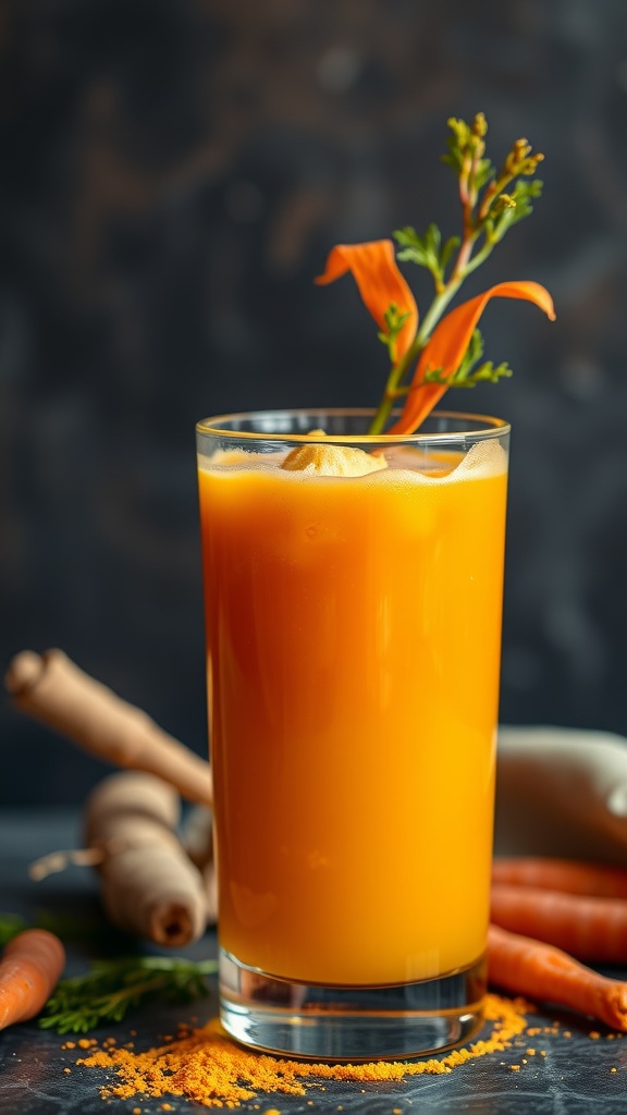 A vibrant glass of Turmeric-Ginger Carrot Juice garnished with a flower and fresh herbs.