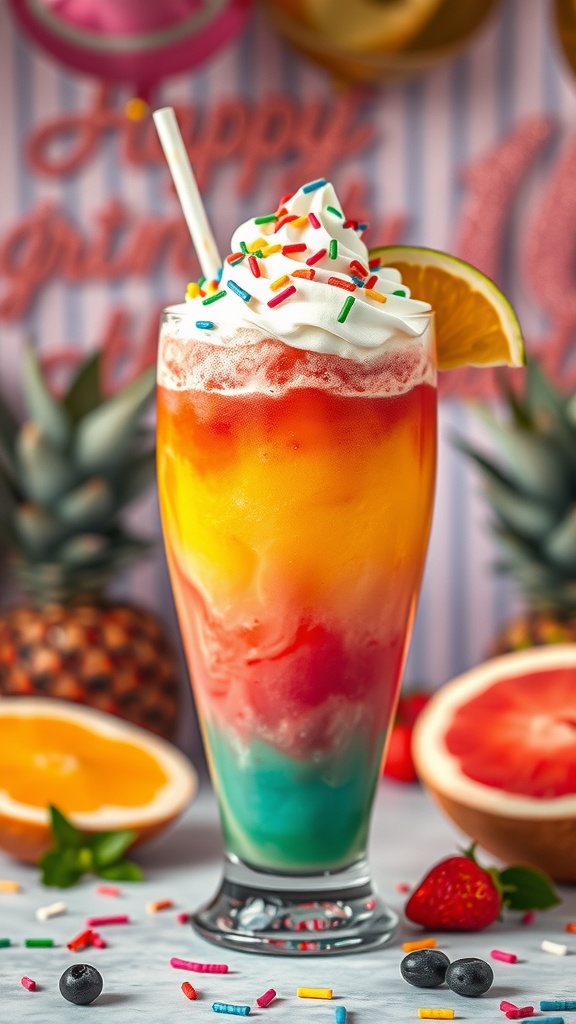 A vibrant and colorful Unicorn Dreams Mocktail with whipped cream and sprinkles, set against a party backdrop.