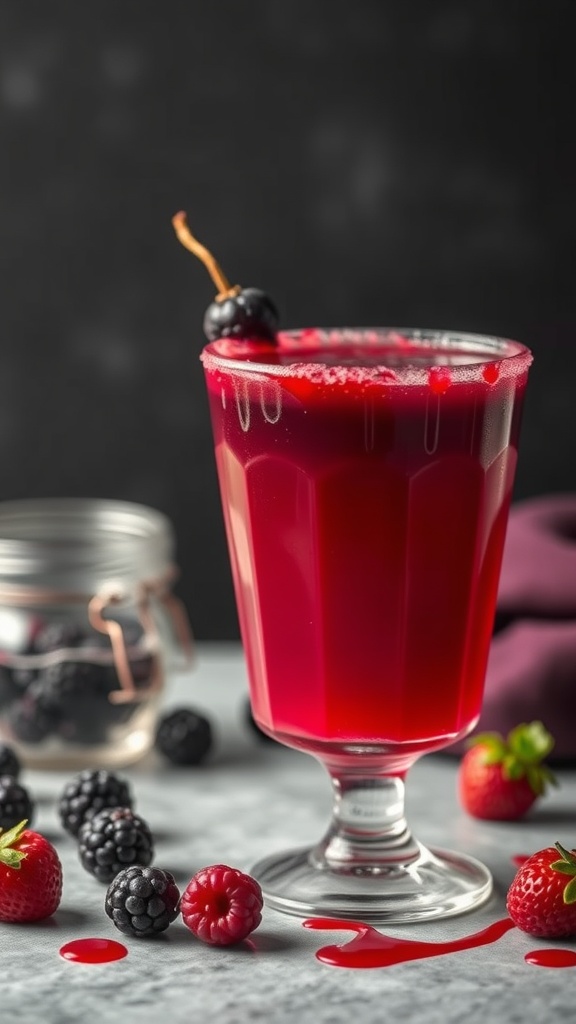 A vibrant red mocktail in a glass, garnished with berries, perfect for Halloween.