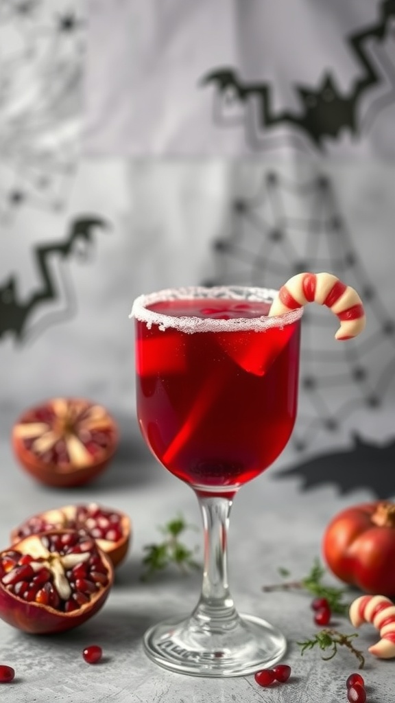 A glass of Vampire Punch Mocktail with a candy cane garnish, surrounded by pomegranate halves and a spooky backdrop.