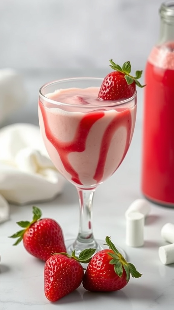 A Vampire's Kiss Mocktail in a glass with strawberries and a red drizzle.