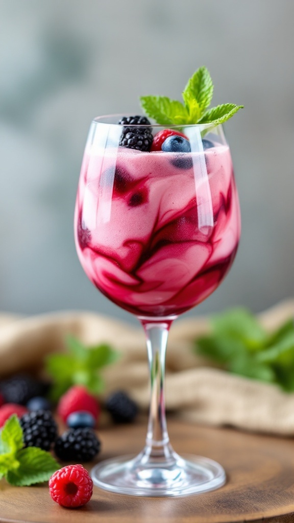 A refreshing Vanilla Berry Swirl Mocktail garnished with mint and berries