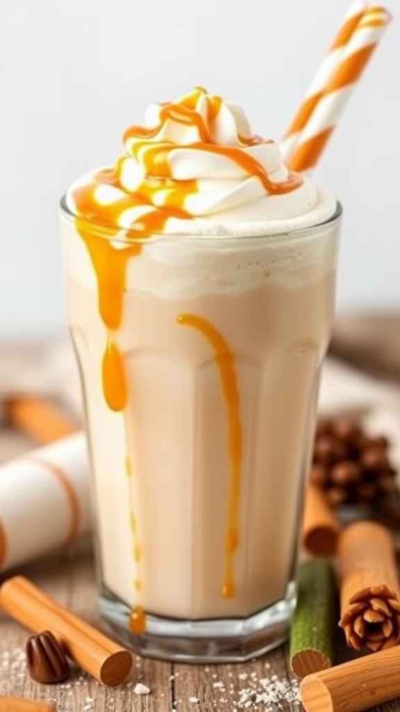 A delicious vanilla caramel sweet cream mocktail topped with whipped cream and caramel drizzle.