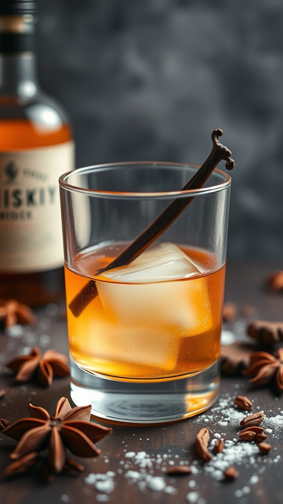 A glass of Vanilla Chai Old Fashioned Mocktail with a vanilla stick and spices.