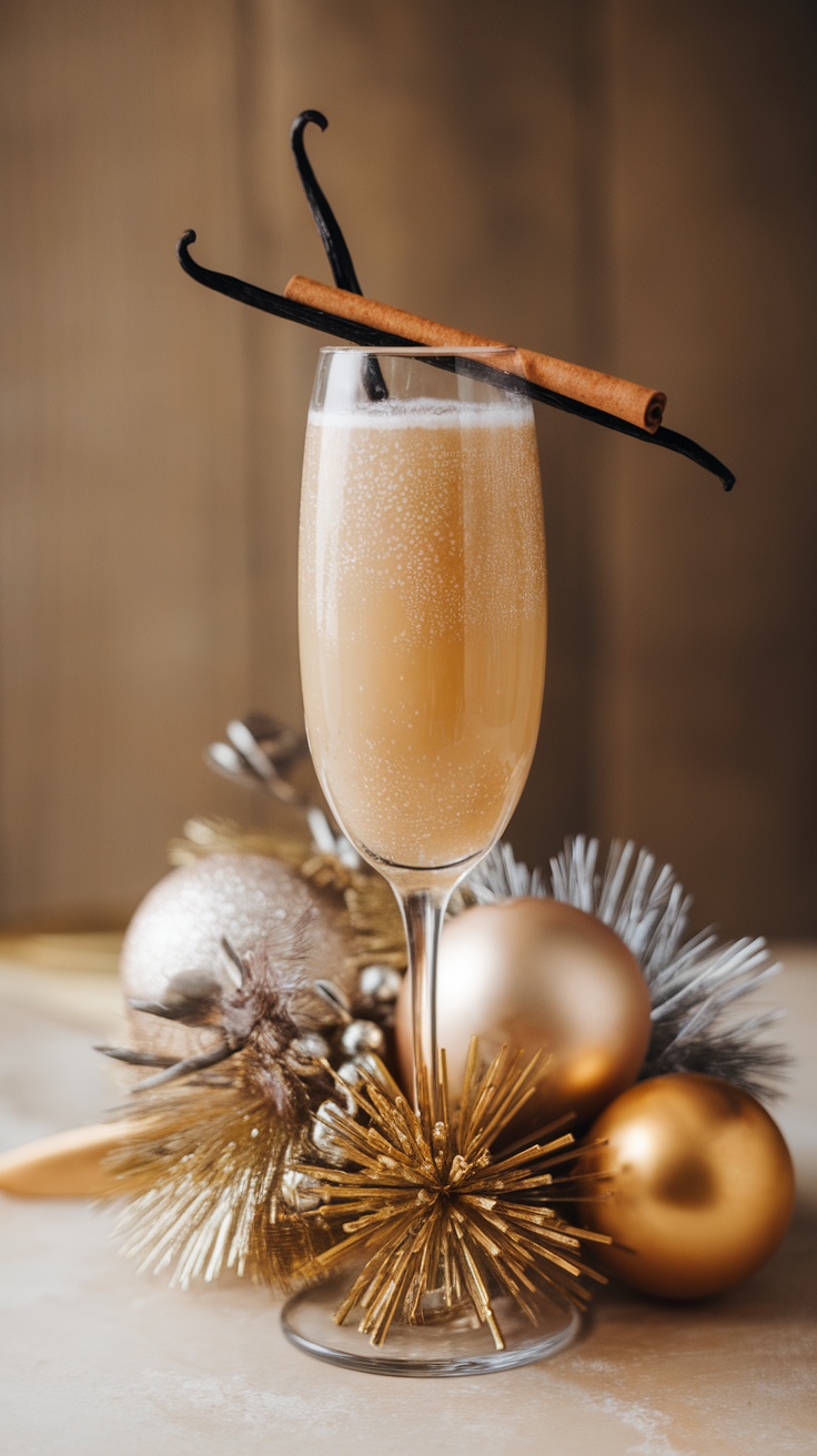 A Vanilla Cinnamon Spritz mocktail served in a flute with decorative holiday ornaments.