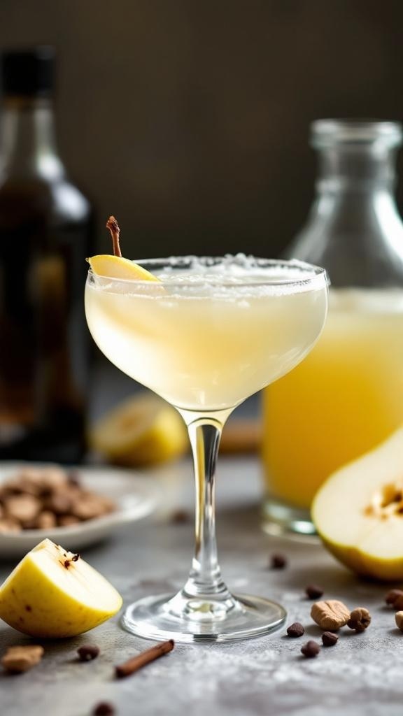 A Vanilla Pear Mocktail in a glass garnished with a slice of pear and a cinnamon stick.