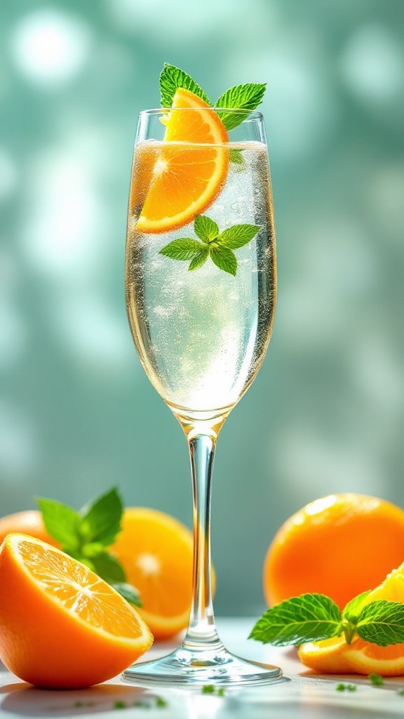 A glass of Victory Sparkler Mocktail with orange slices and mint leaves