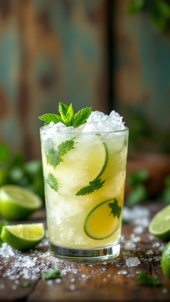 A refreshing Virgin Caipirinha mocktail with lime and mint