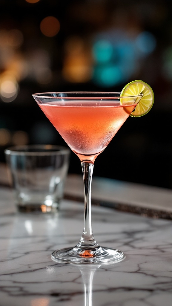 A Virgin Cosmopolitan Mocktail in a stylish glass garnished with a lime slice.