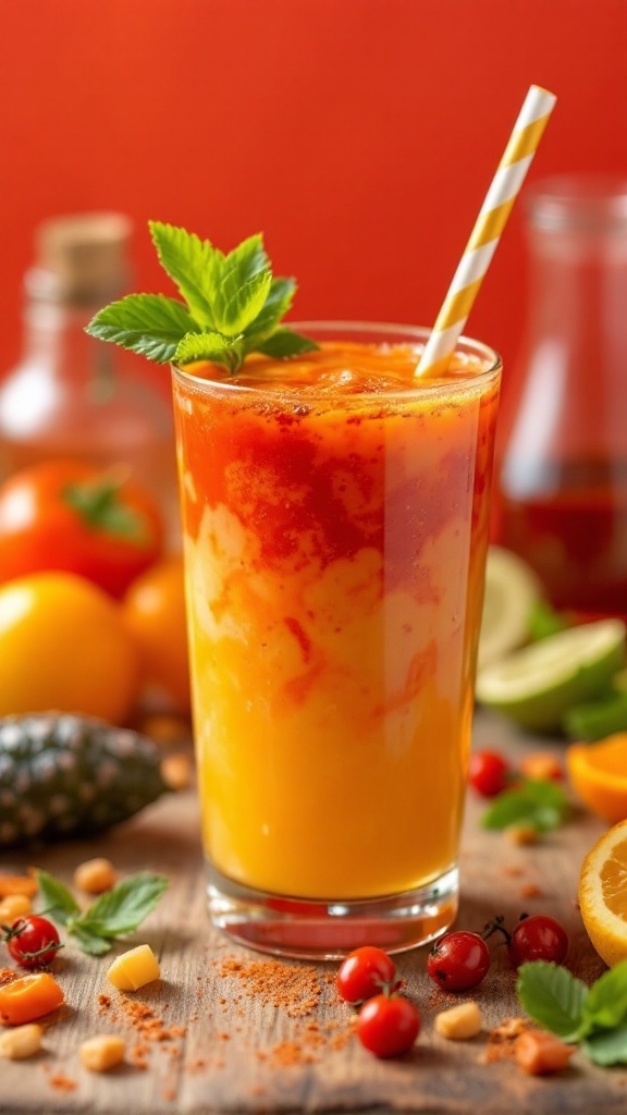 A colorful Virgin Fireball Mocktail with mint leaves and a striped straw, surrounded by fresh fruits.