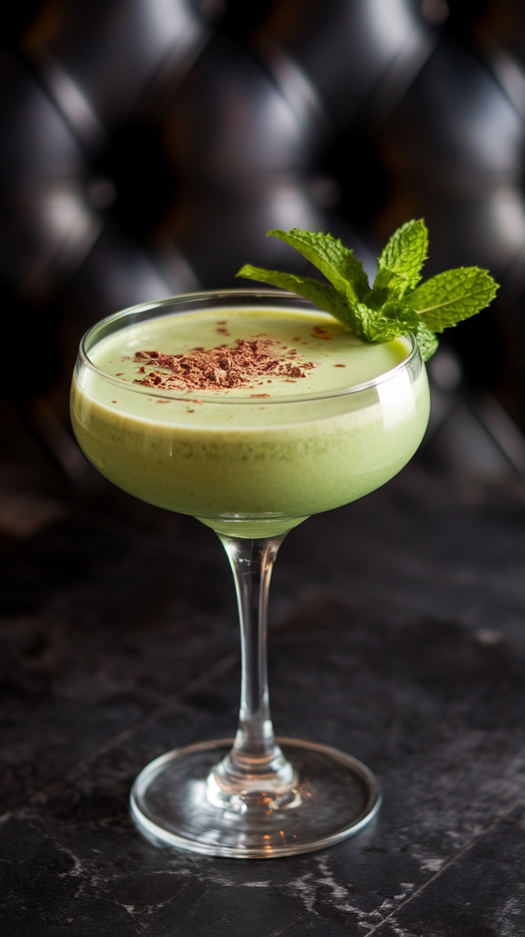 A refreshing Virgin Grasshopper mocktail garnished with mint leaves and chocolate shavings.