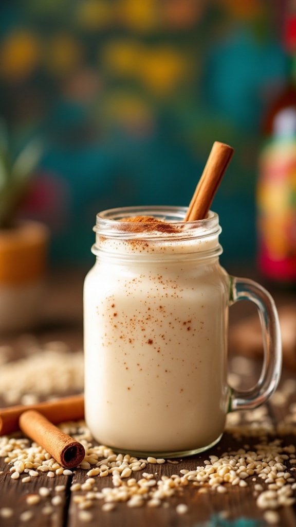 A glass of Virgin Horchata Mocktail with cinnamon stick and rice scattered around.