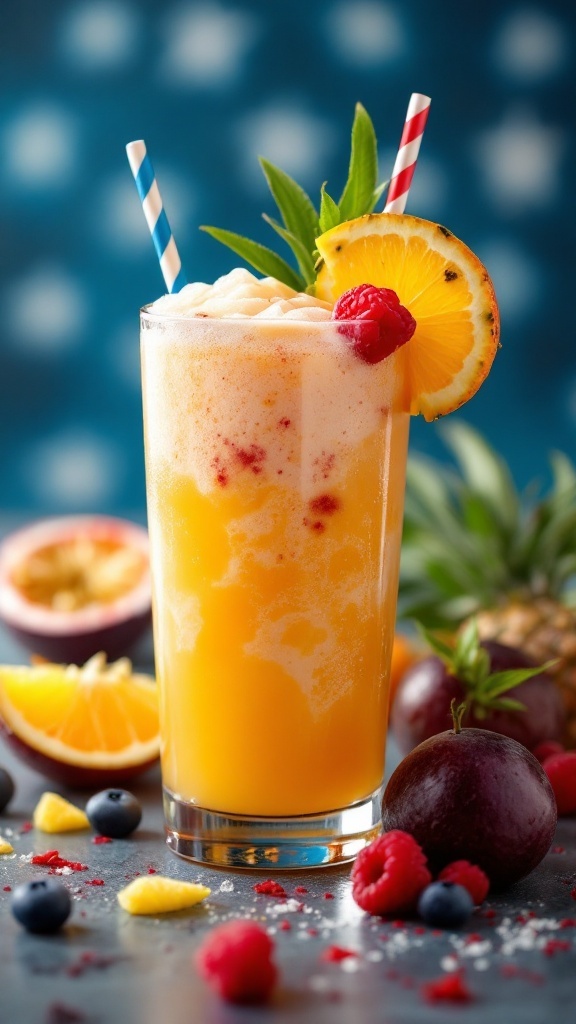 A colorful Virgin Hurricane Mocktail garnished with fruit and two straws.