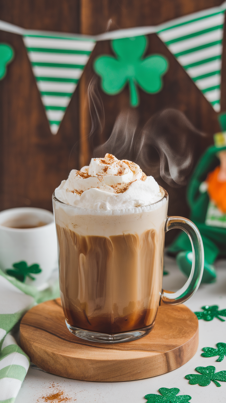 A warm Virgin Irish Coffee Mocktail topped with whipped cream and cinnamon.