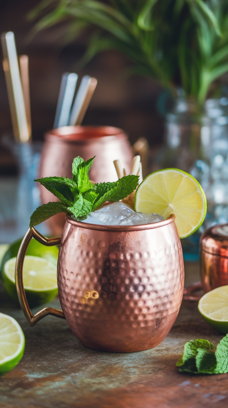 A copper mug filled with a Virgin Irish Mule Mocktail, garnished with mint leaves and lime slices, surrounded by limes and straws.