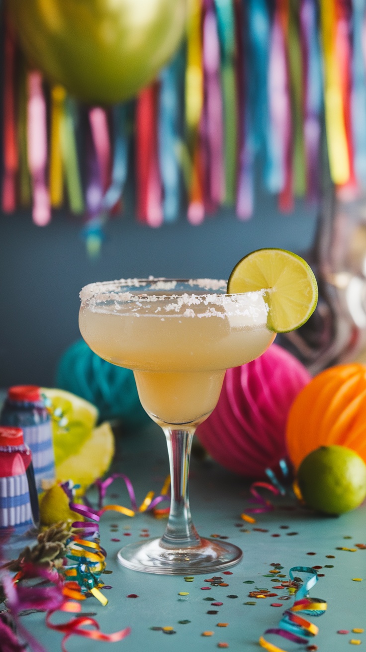 A beautifully garnished Virgin Margarita Mocktail with lime and salt rim, set against a festive backdrop.