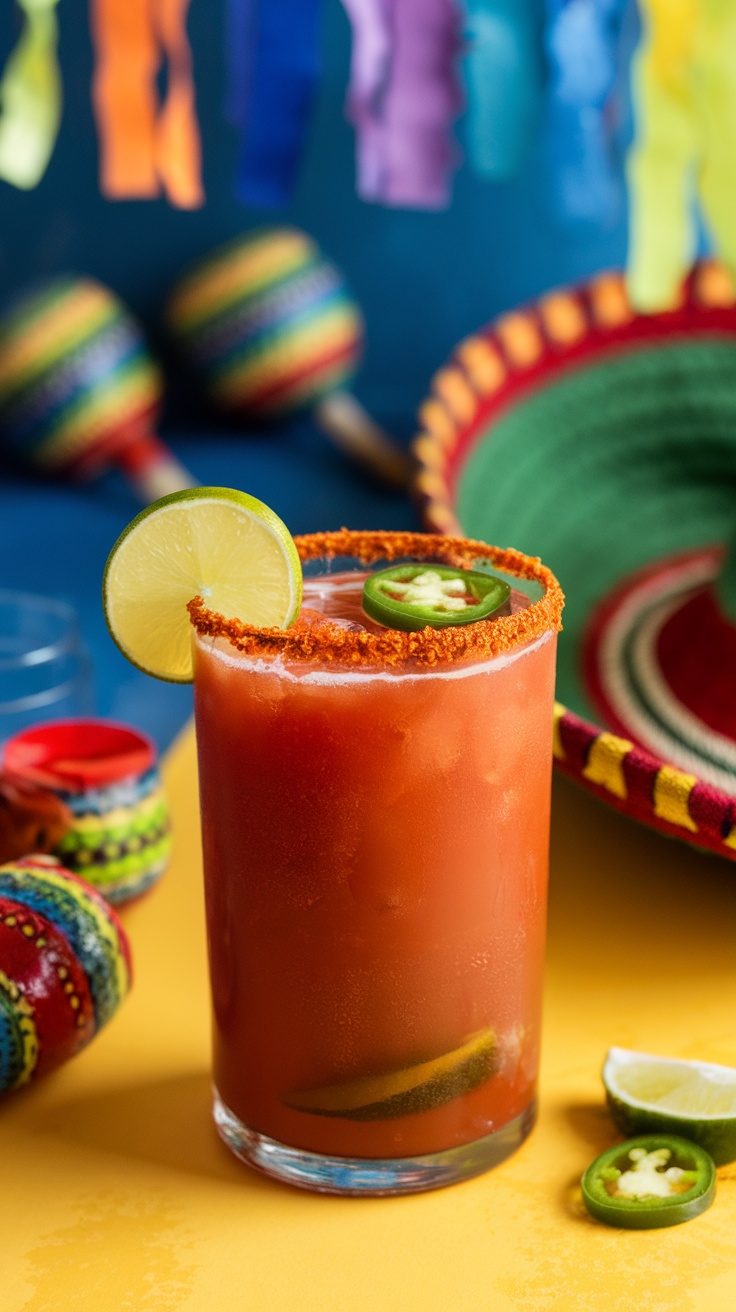 A vibrant Virgin Michelada Mocktail garnished with lime and jalapeños.