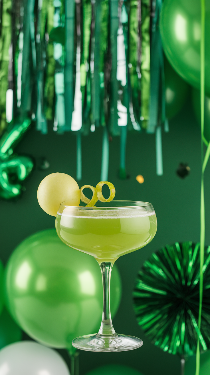 A vibrant green Virgin Midori Sour Mocktail served in a stylish glass with lime garnishes.