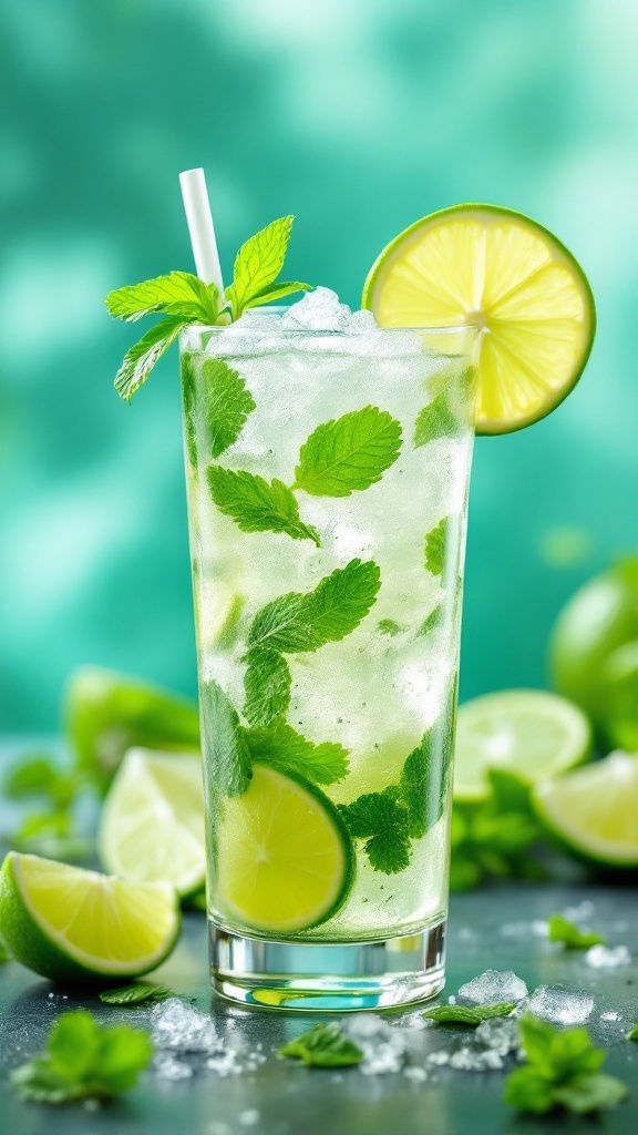 A refreshing Virgin Mojito mocktail garnished with mint and lime.