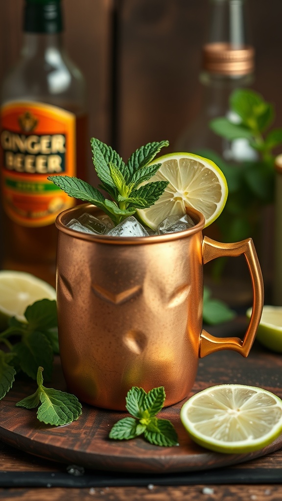 A copper mug filled with ice, ginger beer, lime slices, and mint leaves, surrounded by fresh lime and ginger beer bottles.