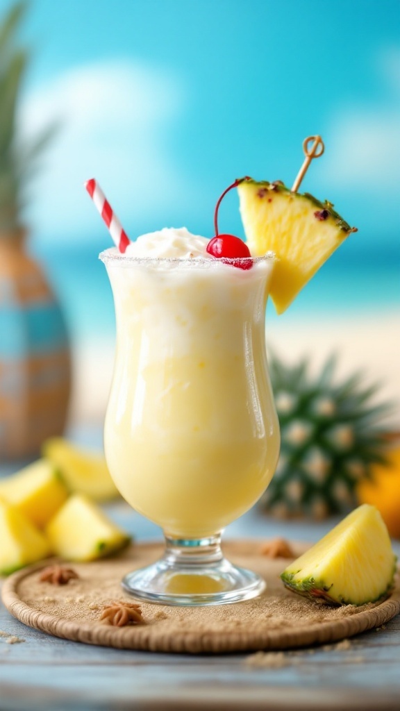 A refreshing Virgin Piña Colada mocktail garnished with a cherry and pineapple slice