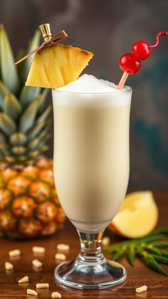 A refreshing Virgin Piña Colada mocktail garnished with a cherry and pineapple slice.
