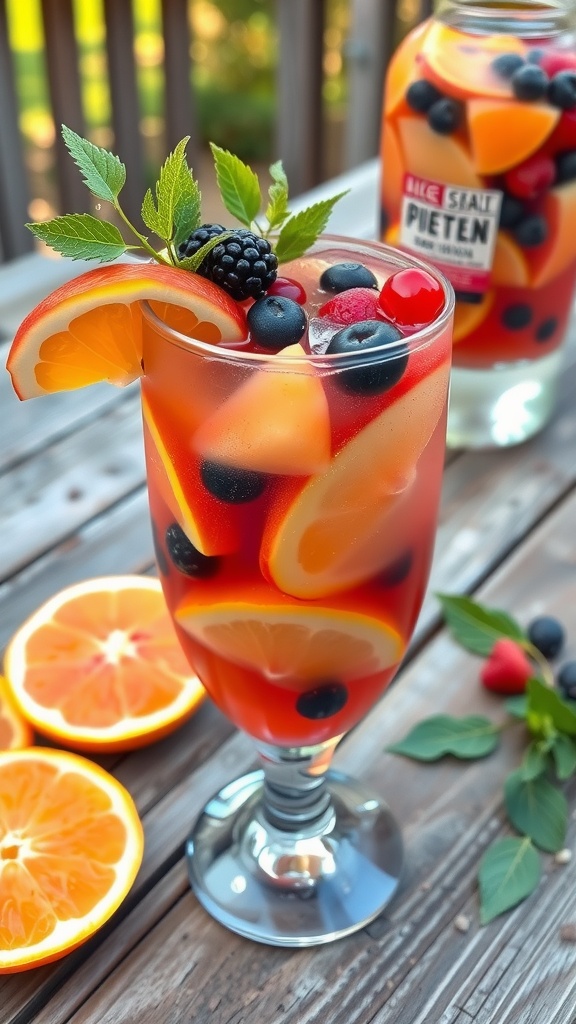 A pitcher of Virgin Sangria mocktail filled with colorful fruits on a wooden table.