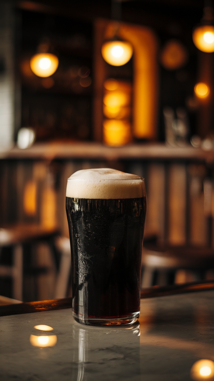 A glass of Virgin Stout Mocktail on a bar countertop