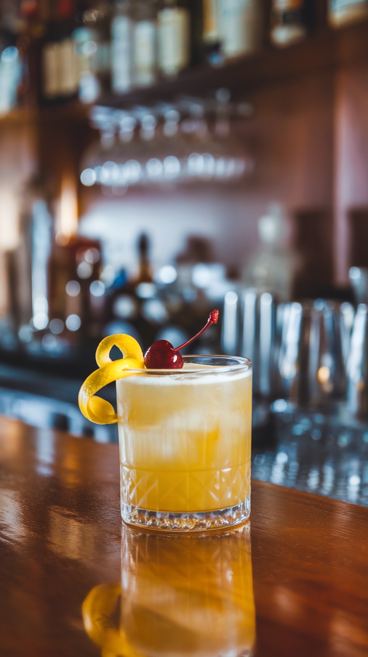 A vibrant Virgin Whiskey Sour Mocktail with a cherry and lemon twist on a wooden bar.