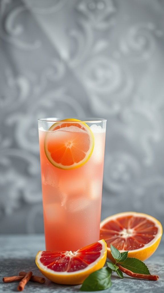 A glass of grapefruit juice garnished with a slice of grapefruit, surrounded by fresh grapefruit halves and cinnamon sticks.