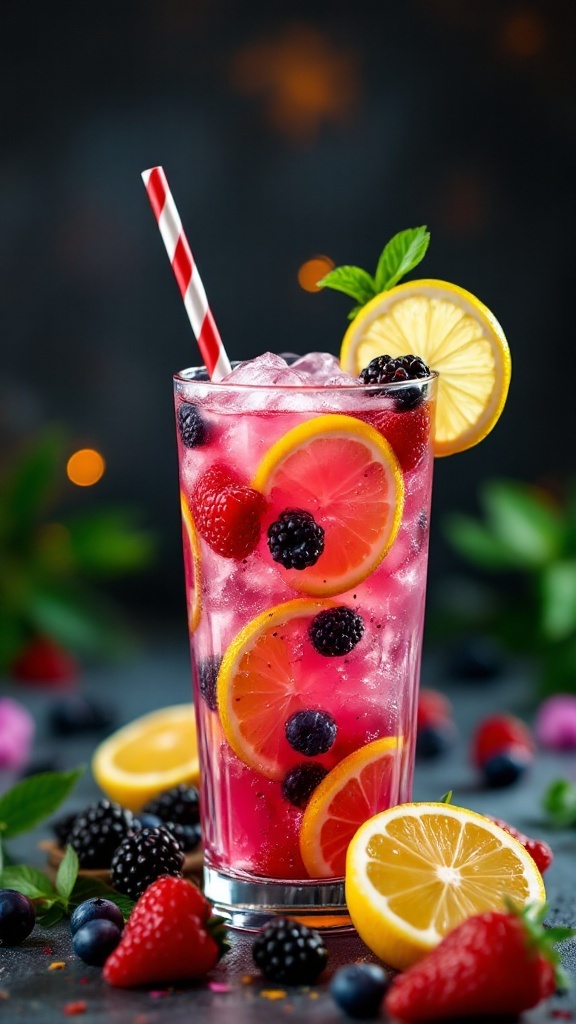 A colorful Voodoo Berry Lemonade Mocktail in a tall glass with lemon slices and berries.