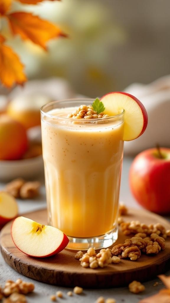 A glass of Walnut Apple Mocktail with sliced apples and walnuts around it