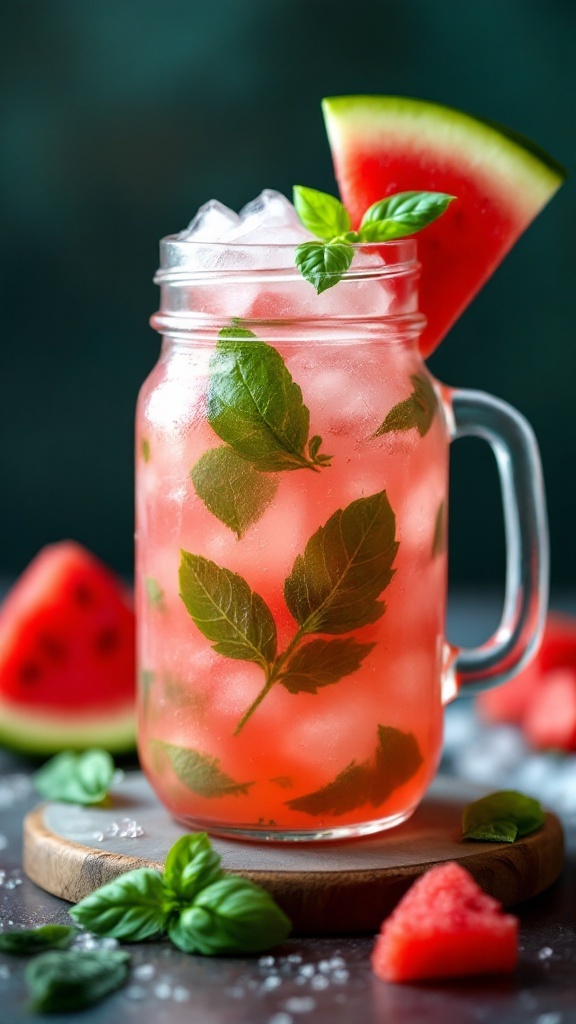 A refreshing Watermelon Basil Cooler Mocktail in a mason jar, garnished with basil and a slice of watermelon.