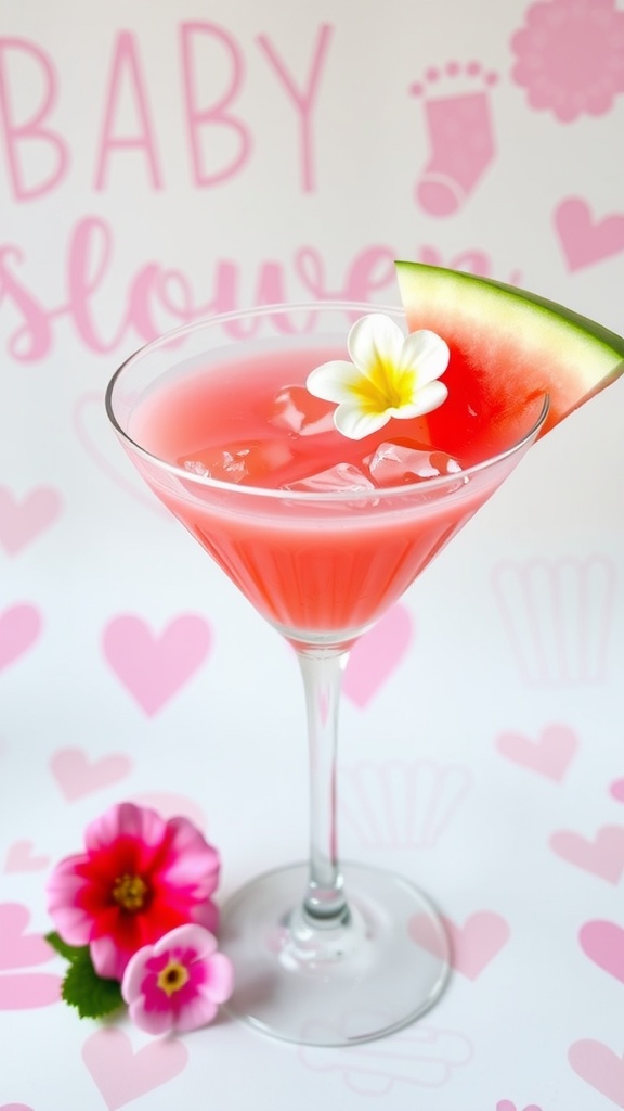 A colorful watermelon blossom mocktail garnished with mint leaves and a slice of lime.