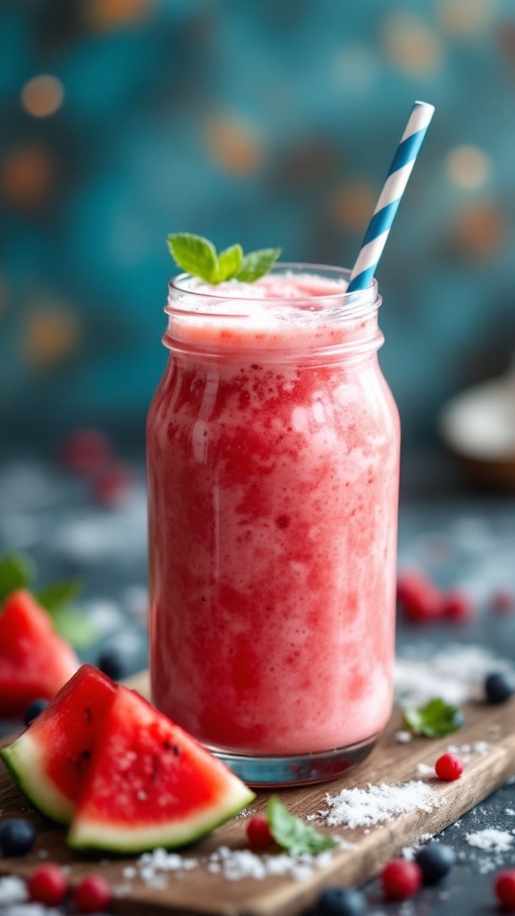 A refreshing watermelon coconut mocktail in a mason jar with a straw, garnished with mint leaves.