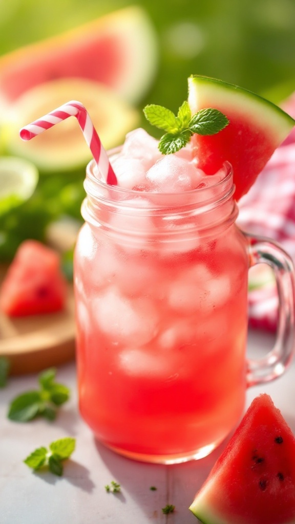 A refreshing watermelon cooler mocktail in a jar with ice, mint, and a slice of watermelon.