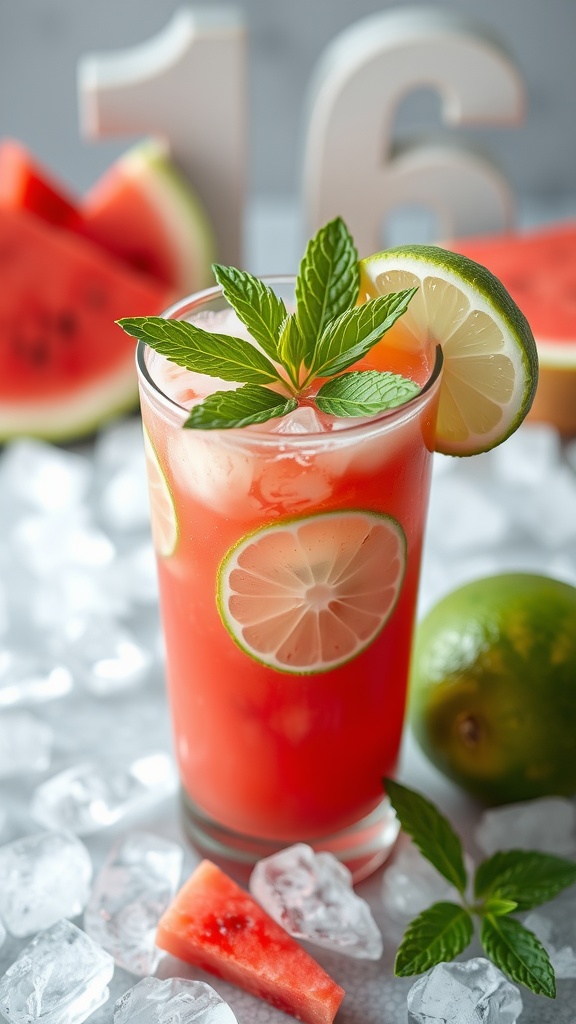 A refreshing Watermelon Glow Mocktail in a glass with mint and lime slices, surrounded by watermelon slices and ice.