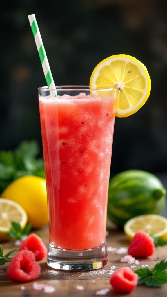 A refreshing watermelon lemon mocktail in a tall glass garnished with a lemon slice and a green straw.