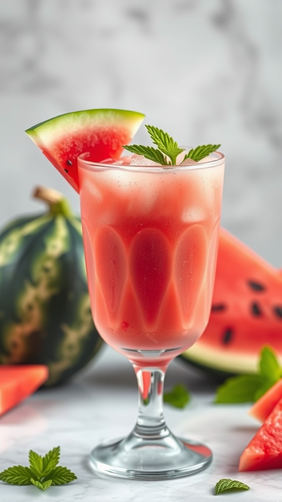 A refreshing watermelon mint cooler mocktail garnished with mint leaves and watermelon slices.