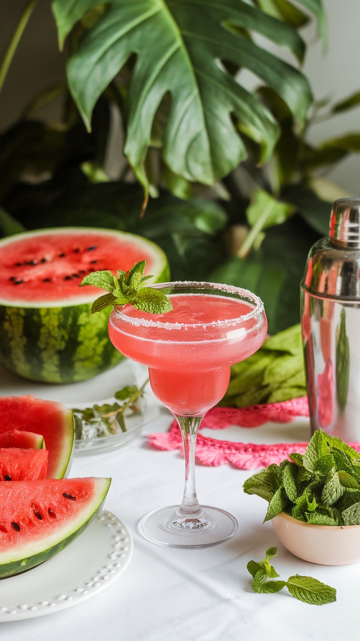 A vibrant watermelon mint margarita mocktail garnished with mint leaves, surrounded by fresh watermelon slices.