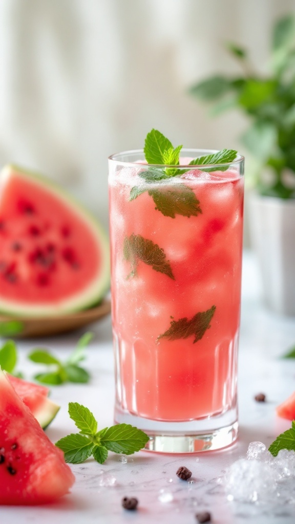 Glass of watermelon mint mocktail with fresh mint leaves